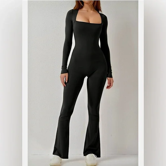 NWT Qinsen Black Square Neck Full Length Catsuit Playsuit Romper Sz S - Picture 2 of 6